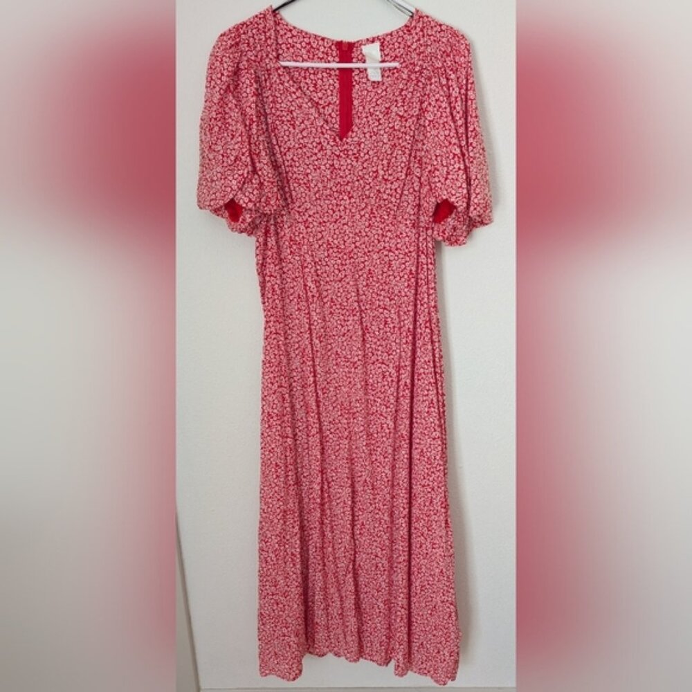 H&M Red Floral Puff Slv Dress, Size M